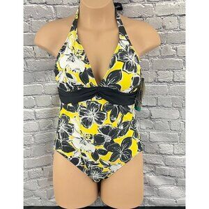 Your Best Look 1 Piece Swimsuit Halter  Black and Yellow Print Size 16 NWT